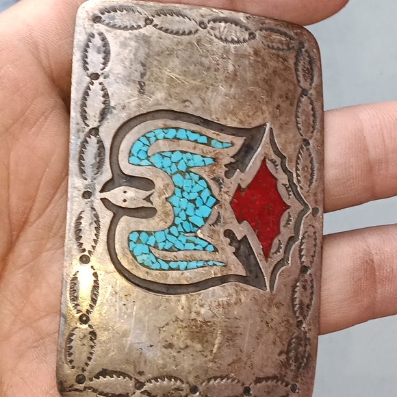 Vintage Navajo ? Silver Turquoise Blue/Red Inlay Belt Buckle